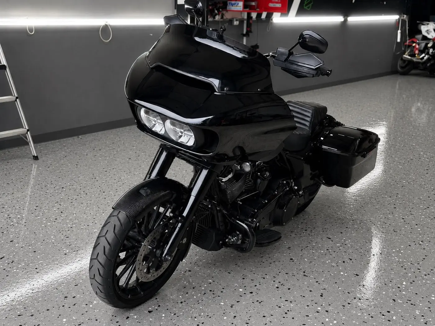 Black Harley-Davidson Road Glide after paint correction and ceramic coating by Midnight Detailing
